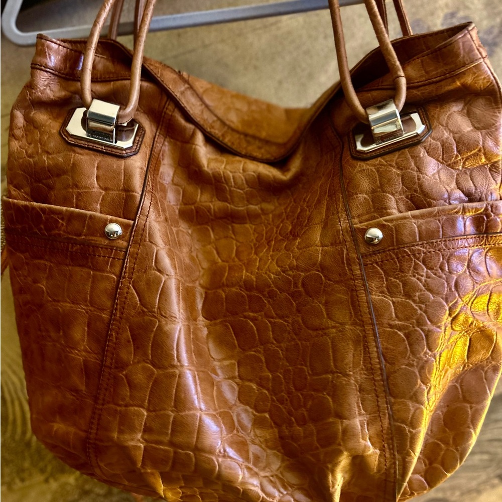 * B Makowsky Caramel Brown Croc-Embossed Shoulder Tote Women's Bag *